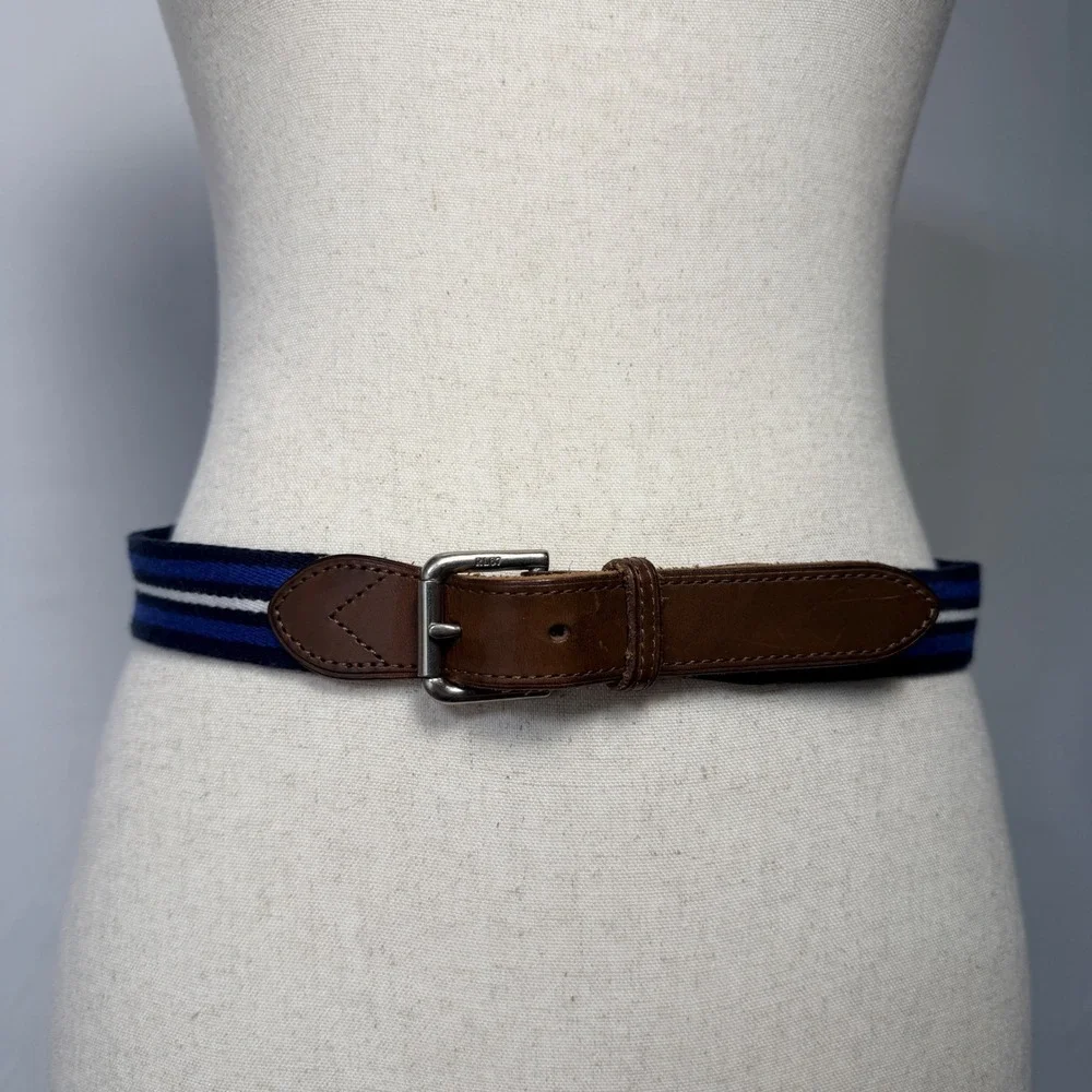 Polo Golf Ralph Lauren Navy Blue White Stripe Brown Leather Woven Fabric Belt 38